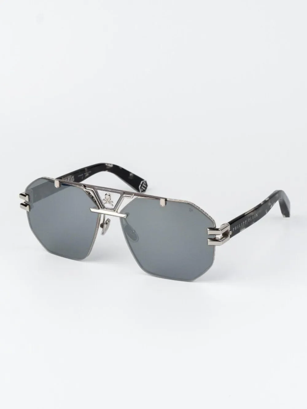 Philipp Plein Men Sunglasses Palladium Smoke Silver Mirror Pilot SPP077V 523X